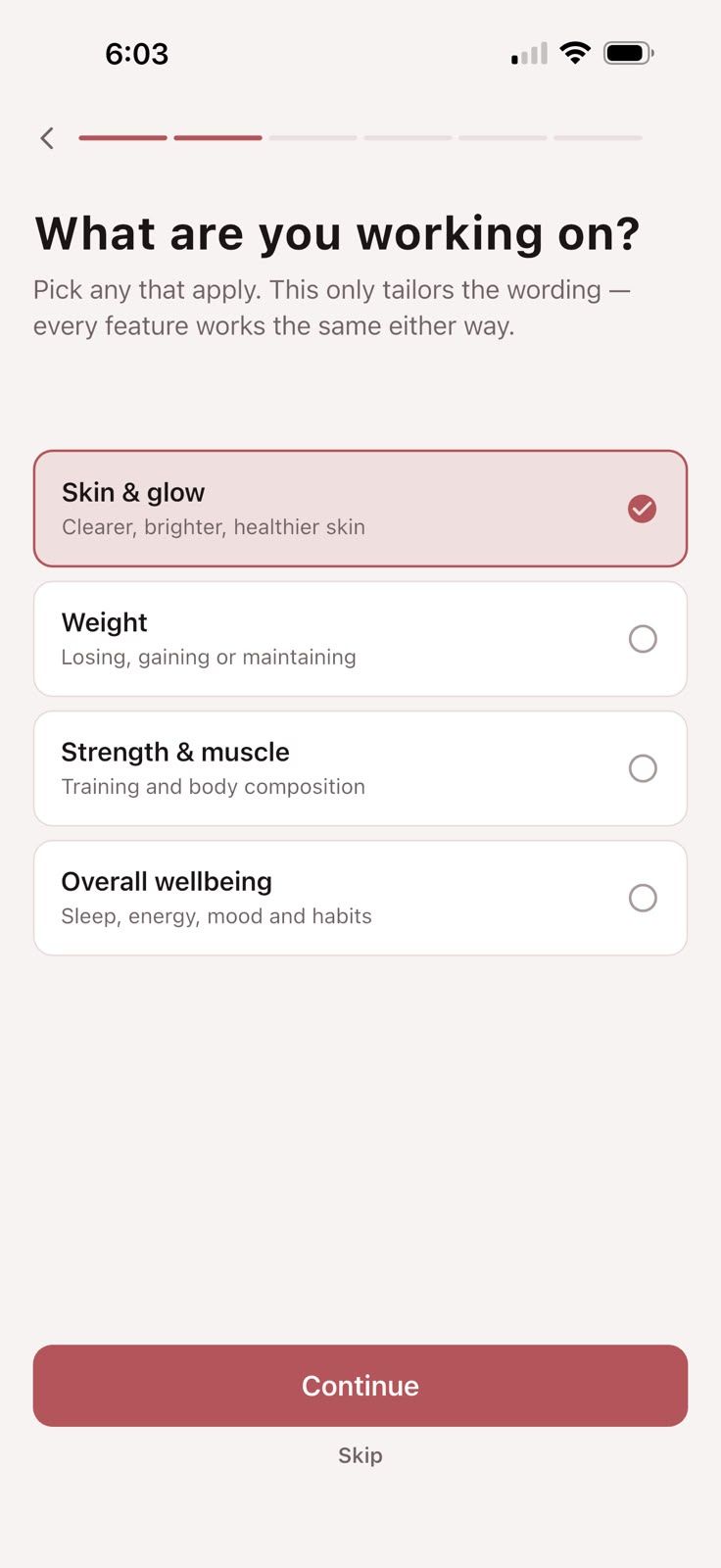Glow Up Diary setup screen asking what you are working on: skin and glow, weight, strength and muscle, or overall wellbeing