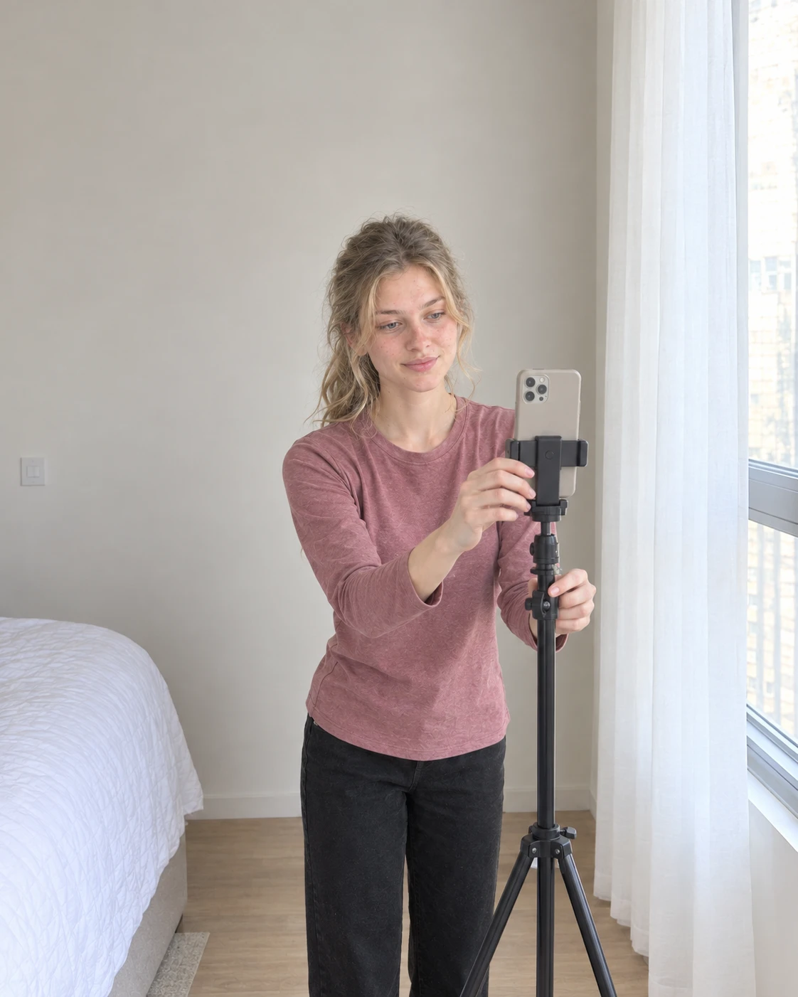 A woman setting her iPhone on a tripod by the window to take her morning progress photo