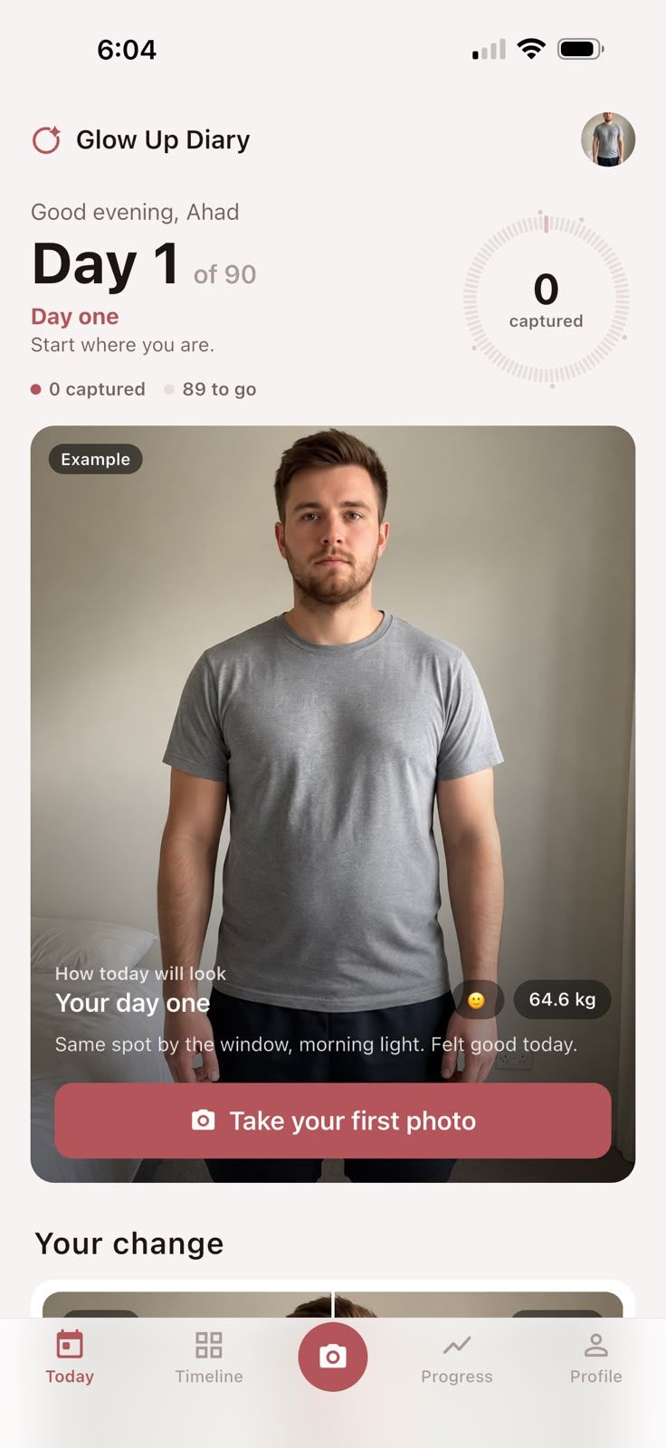 Glow Up Diary Today screen showing Day 1 of 90 with a weight, mood and note on the day’s photo