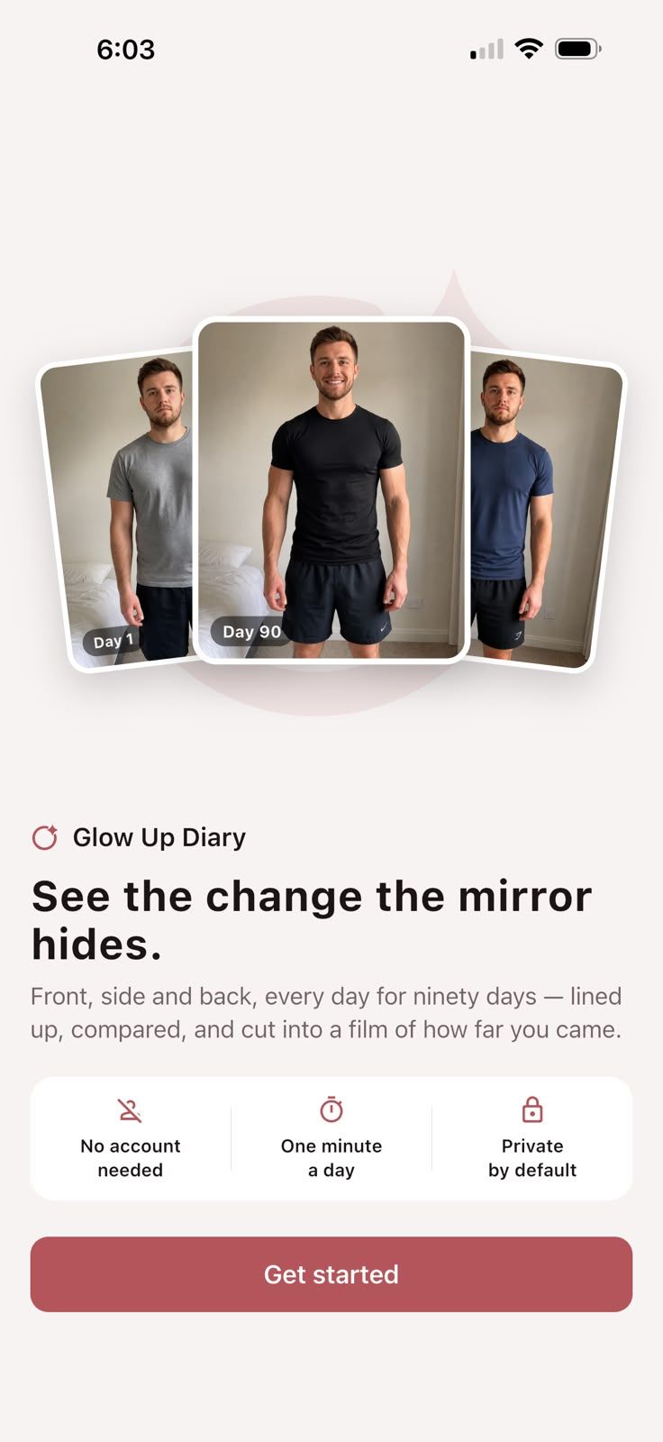 Glow Up Diary welcome screen with Day 1 and Day 90 photos fanned out
